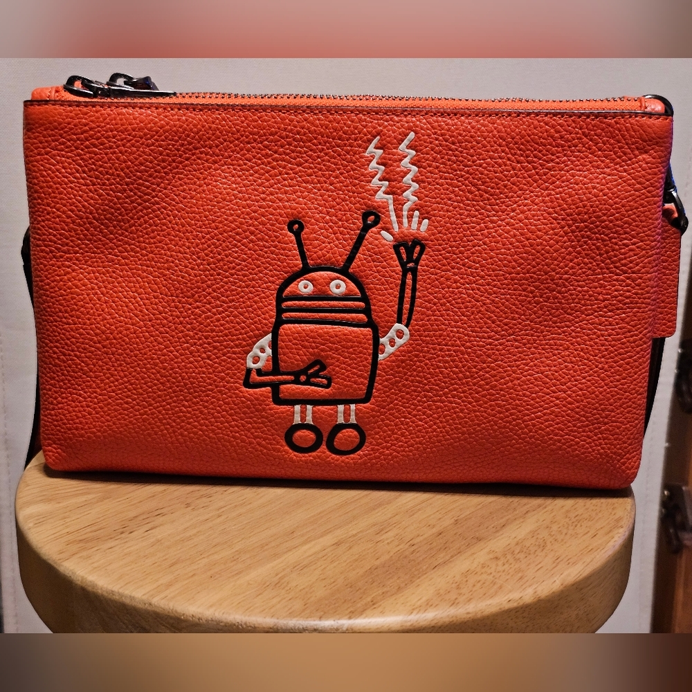 Coach x Keith Haring Lyla Crossbody Orange Leather Robot NWT